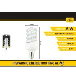 LAMPADINA LED A SPIRALE E14 5 W LUCE BIANCA FREDDA CALDA NATURALE 28D S-01T