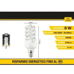 LAMPADINA LED A SPIRALE E14 9 W LUCE BIANCA FREDDA CALDA NATURALE 56D S-05T