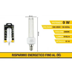 LAMPADINA LED E14 9W BIANCO CALDO 3000K FREDDO 6500K NATURALE 4000K 48D 2U03T