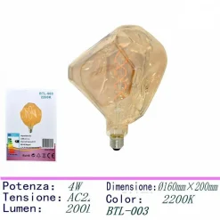 LAMPADINA LED FILAMENTO VINTAGE RETRO' LAMPADA E27 4W LUCE CALDA 2200K BTL-003