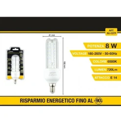 LAMPADINA LED 3U E14 8 W LUCE FREDDA 6500K NATURALE 4000K CALDA 3000K 48D 3U03T