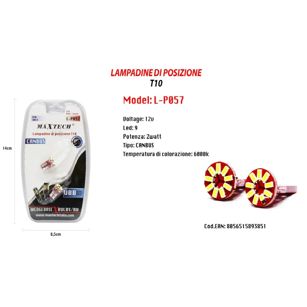 LAMPADINE DI POSIZIONE CANBUS MAXTECH L-P057 12V 9 LED 2W 6000K ULTRA LUMINOSE