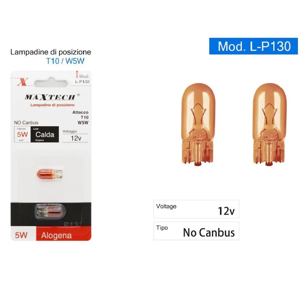 LAMPADINE DI POSIZIONE T10 W5W 12 V AUTO 5 W LUCE CALDA ALOGENA L-P130 NO CANBUS