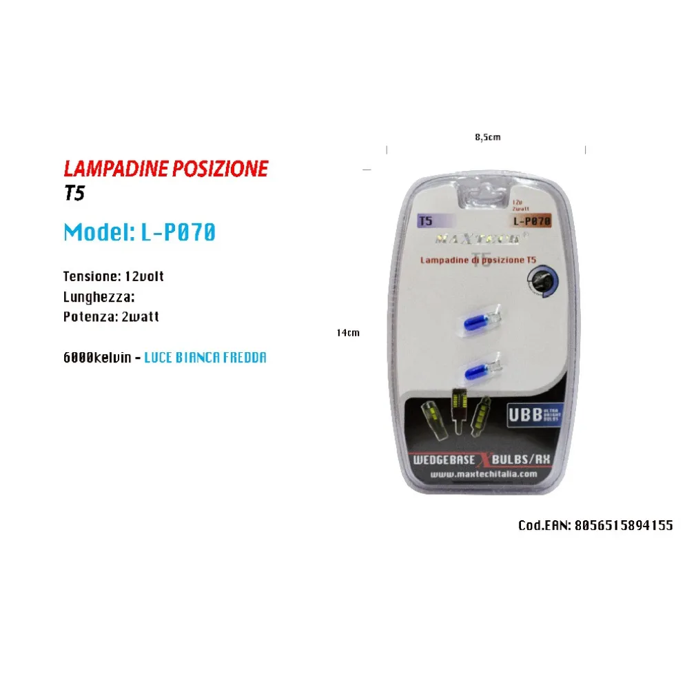 LAMPADINE DI POSIZIONE T5 L-P070 12 VOLT 2 WATT 6000K LUCE BIANCA FREDDA MAXTECH