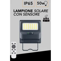 LAMPIONE FARO CON PANNELLO SOLARE 50 WATT SENSORE CREPUSCOLARE LUCE FREDDA IP65 ES-P-50F