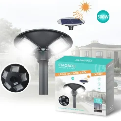 LAMPIONE FARO GIARDINO STRADALE CREPUSCOLARE UFO PANNELLO SOLARE LED 500W TX-8091