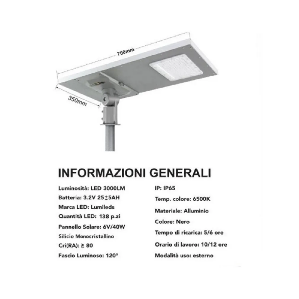 LAMPIONE FARO LED STRADALE 300W PANNELLO SOLARE DA ESTERNO IP65 6500K SL-300W-LP