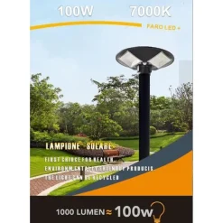 LAMPIONE LED CIRCOLARE CON PANNELLO SOLARE SENSORE MOVIMENTO IP65 100W LT112-120-7000K