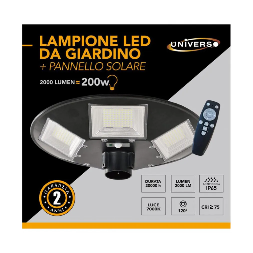 LAMPIONE LED CON PANNELLO ENERGIA SOLARE 200 W IP65 SENSORE MOVIMENTO SO-GD-200W