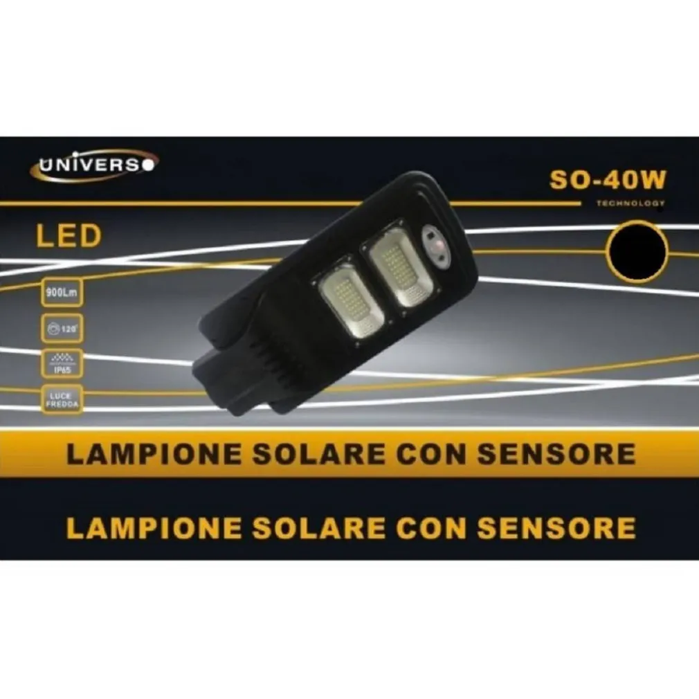 LAMPIONE SOLARE FARO LED 40W LUCE FREDDA 6500K PANNELLO INTEGRATO IP65 SO-40W-SS