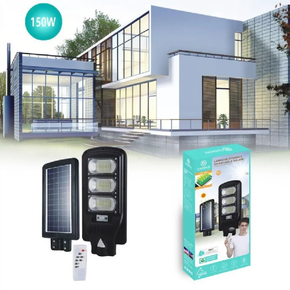 LAMPIONE STRADALE LED PANNELLO RICARICABILE LUCE SOLARE 150W TELECOMANDO LED-8511
