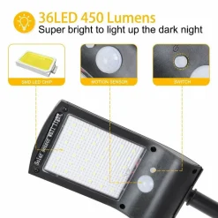 LAMPIONE STRADALE PANNELLO ENERGIA SOLARE FARO FOTOVOLTAICO ESTERNO 36 LED LUCE