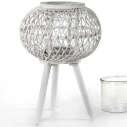 LANTERNA PORTACANDELA CON PIEDI TONDA 17X46CM IN LEGNO BAMBÙ VETRO BIANCO 777929