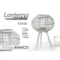 LANTERNA PORTACANDELA CON PIEDI TONDA 17X46CM IN LEGNO BAMBÙ VETRO BIANCO 777929