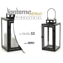 LANTERNA PORTACANDELA IN VETRO METALLO NERO 15X15X32CM MODERNA INDUSTRIAL 765001