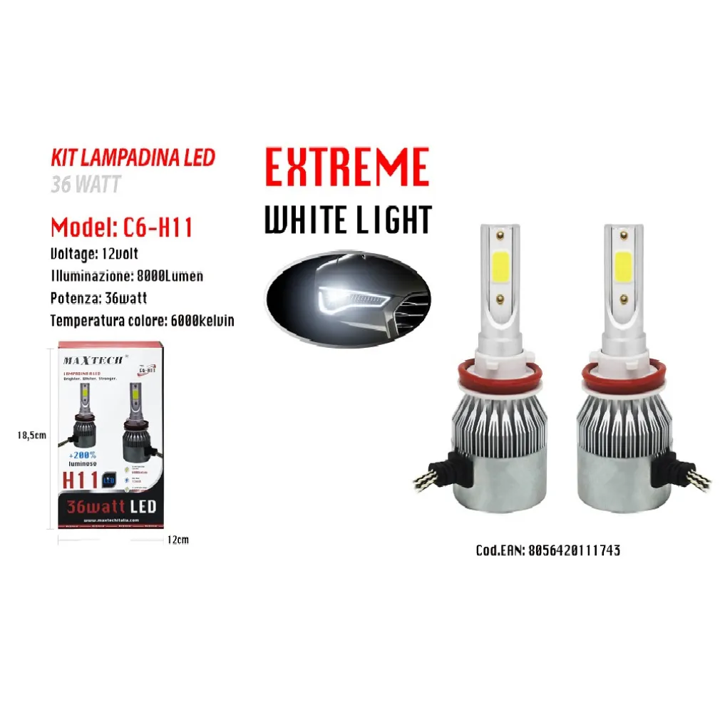 LED AUTO E MOTO LAMPADE FARI MAXTECH H11 C6 LAMPADINE 36W LUCE BIANCA 6000K