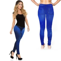 LEGGINGS PANTALONI DA DONNA EFFETTO JEANS SNELLENTE JEANS COLORE CHIARO E SCURO