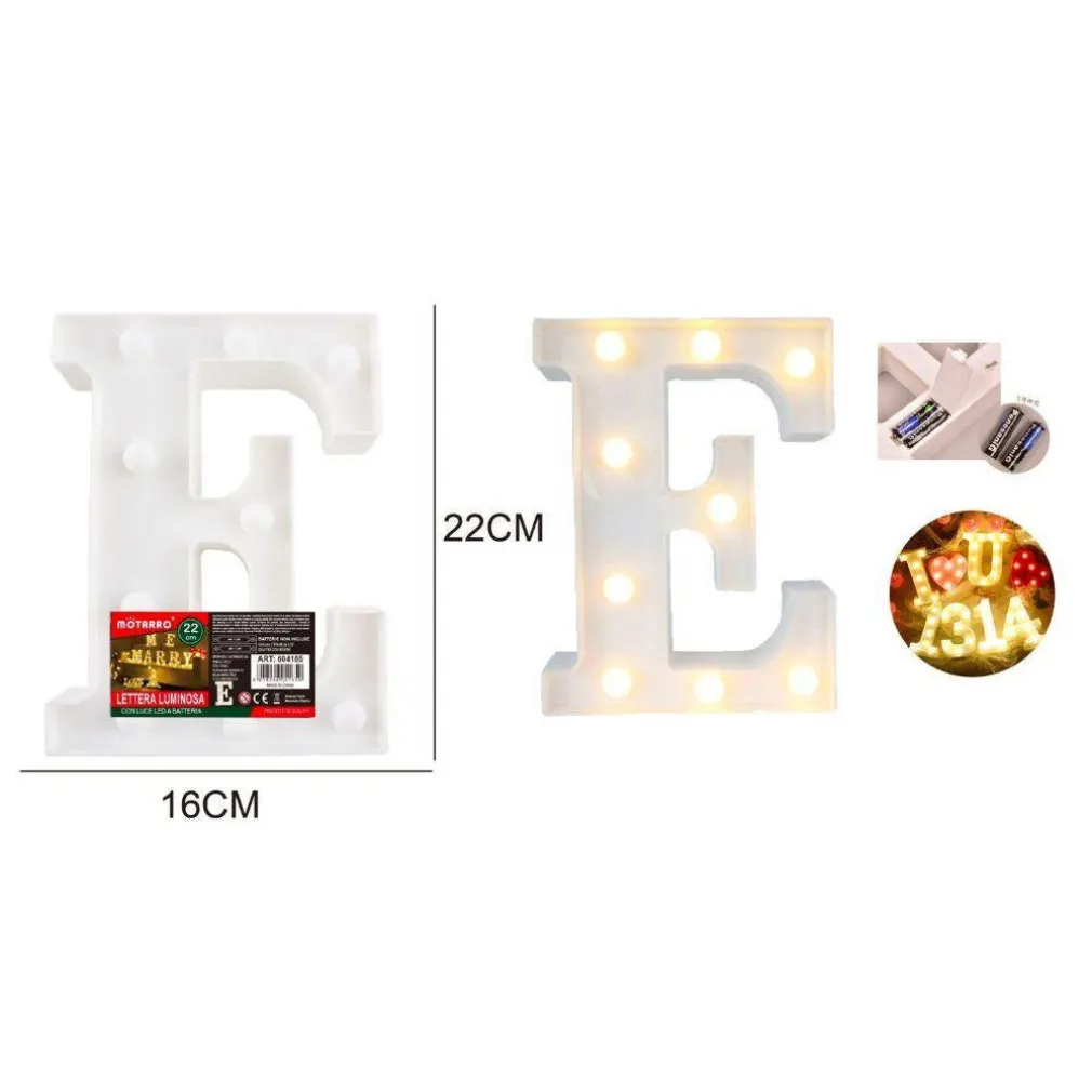 LETTERA E LUMINOSA CON LUCI LED A BATTERIA DECORAZIONI PER LA CASA DIM. 22 CM