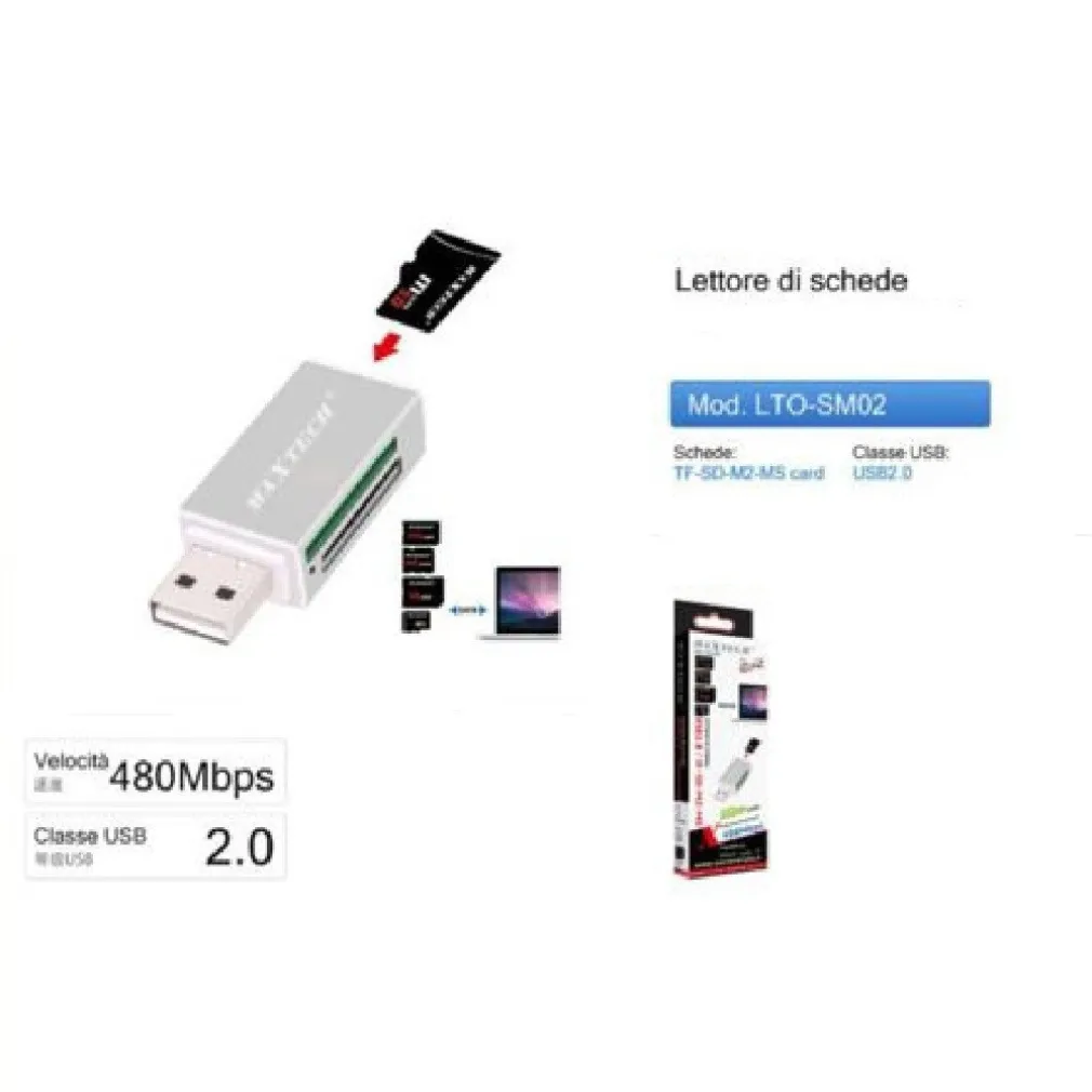 LETTORE DI SCHEDE MEMORIA MEMORY CARD USB 2.0 480 MBPS TF/SD/M2/MS CARD LTO-SM02