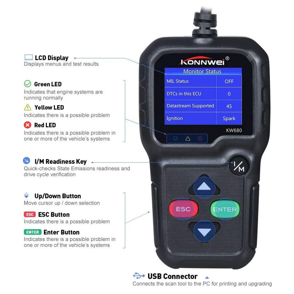 LETTORE OBD KONNWEI KW680 SCANNER CODICI AUTO DIAGNOSTICA TESTER ANALISI OBD2II