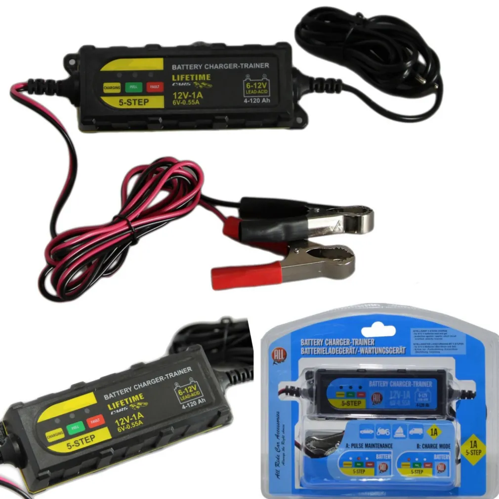 MANTENITORE DI CARICA PINZE PER BATTERIA AUTO MOTO 5 FASI EMERGENZA 1A 12V