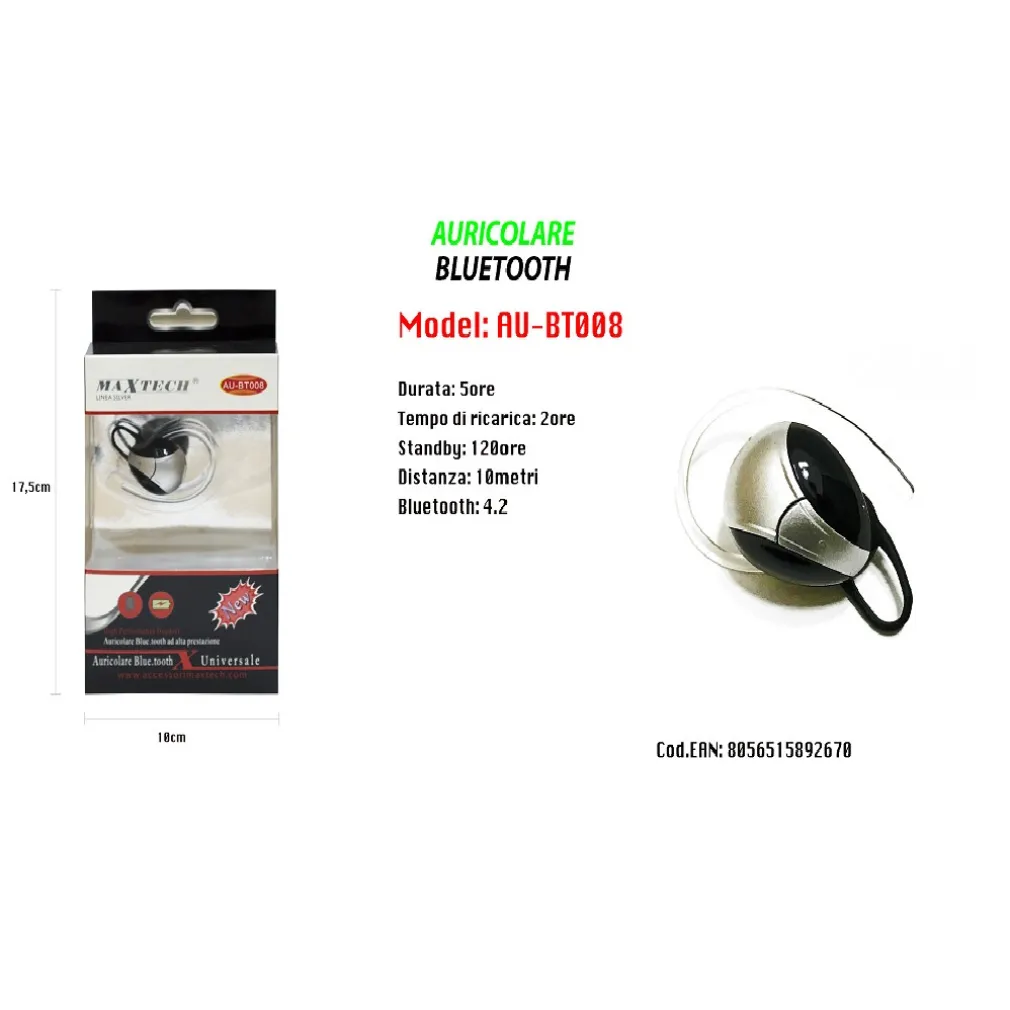 MAXTECH AURICOLARE BLUETOOTH 4.2 AU-BT008 UNIVERSALE CUFFIA PER CELLULARE SMARTPHONE