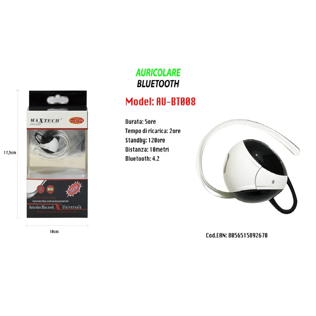 MAXTECH AURICOLARE BLUETOOTH 4.2 AU-BT008 UNIVERSALE CUFFIA PER CELLULARE SMARTPHONE