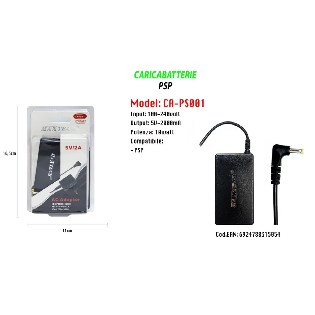 MAXTECH CA-PS001 CARICABATTERIE COMPATIBILE CON PSP MODELLO 1000/2000/3000 5V/2A