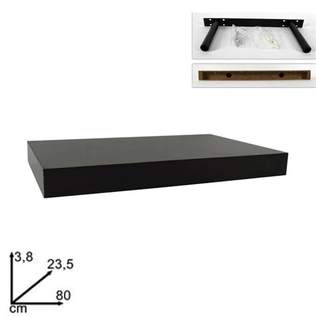 MENSOLA DA PARETE IN LEGNO MDF 80X23,5X3,8CM PENSILE SCAFFALE A MURO STAFFE NERO