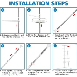 MENSOLA DOCCIA ANGOLARE TELESCOPICO BAGNO 4 RIPIANI 1 PORTASCIUGAMANI 95-305CM BIANCO