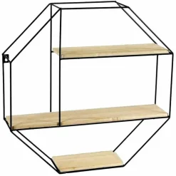 MENSOLA PARETE ESAGONALE 3 MENSOLE RIPIANI DESIGN MODERNO SCAFFALE LEGNO METALLO