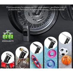 MINI COMPRESSORE AD ARIA PORTATILE GONFIATORE RICARICABILE DISPLAY LED AUTO
