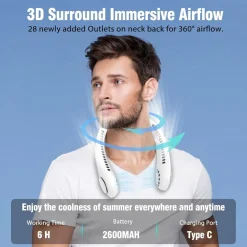 MINI VENTILATORE COLLO PORTATILE RICARICABILE USB SENZA PALE 2600MAH 3 VELOCITÀ SILENZIOSO