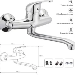 MISCELATORE RUBINETTO MONOCOMANDO LAVELLO CUCINA CANNA ALTA CROMATO MURO 69139