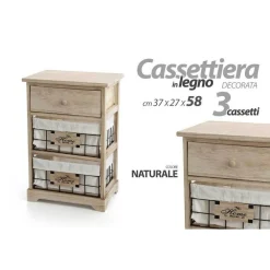MOBILE CASSETTIERA IN LEGNO NATURALE 3 CASSETTI 37X27X58CM DECORATA CESTE 787805