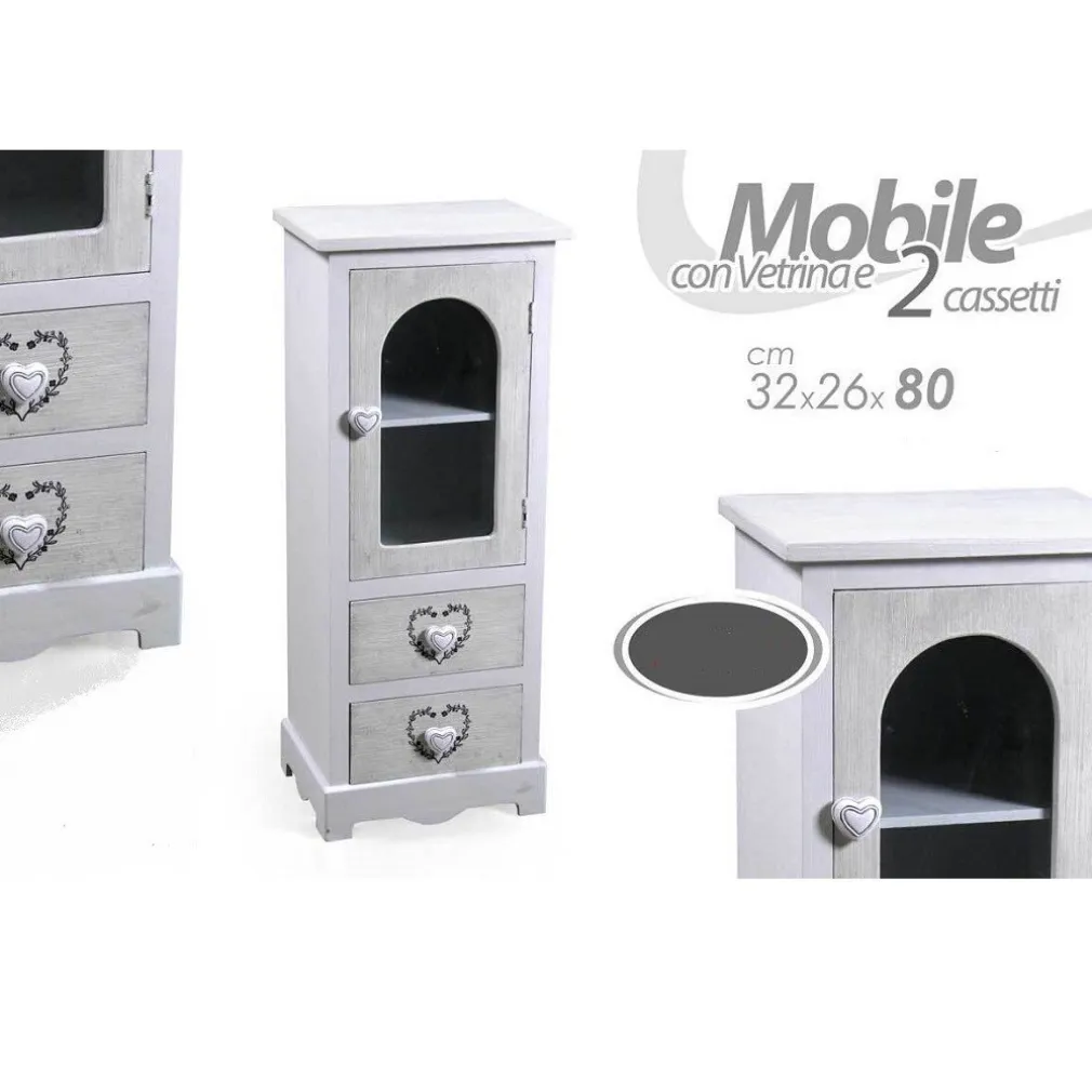 MOBILE CON VETRINA CUORE ANTA 2 CASSETTI IN LEGNO SHABBY CHIC 80X32X26CM 662218