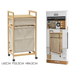 MOBILETTO CESTO PORTABIANCHERIA IN BAMBÙ TESSUTO 42X33,5X84,5CM A 2 SCOMPARTI CON RUOTE