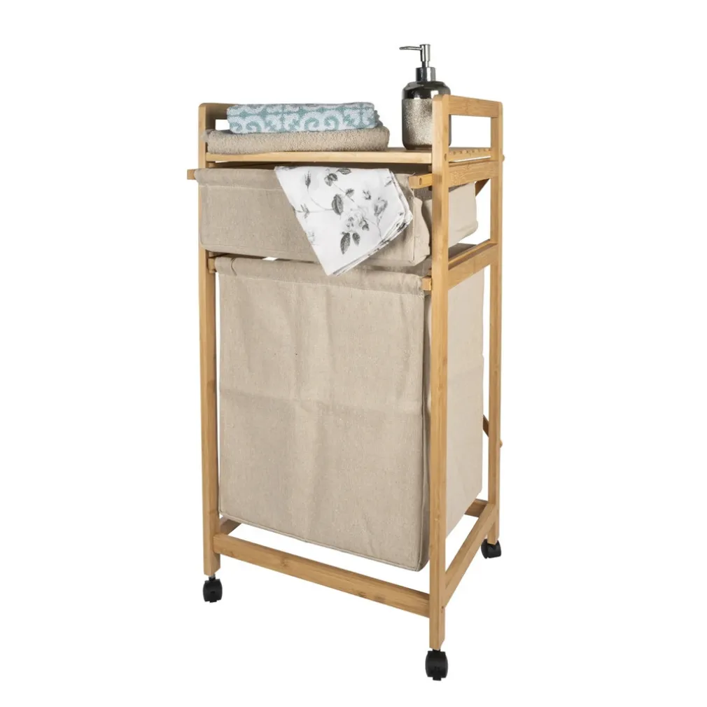 MOBILETTO CESTO PORTABIANCHERIA IN BAMBÙ TESSUTO 42X33,5X84,5CM A 2 SCOMPARTI CON RUOTE