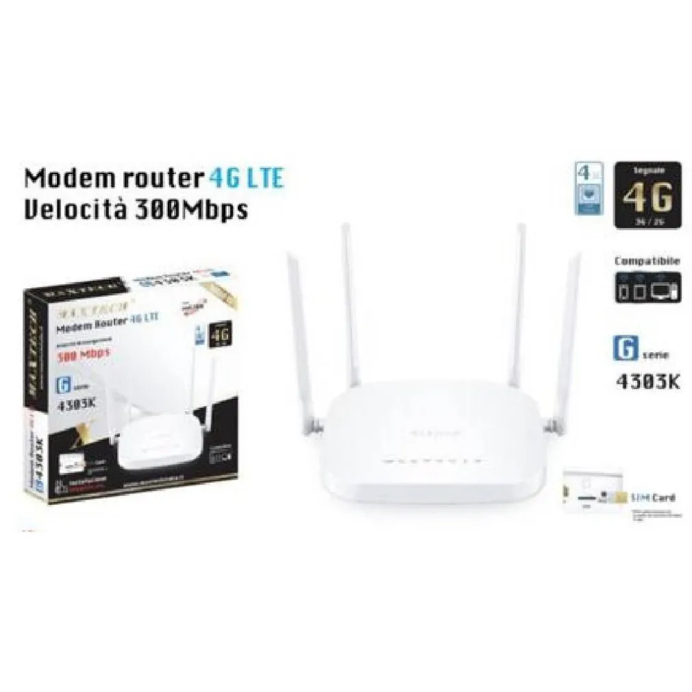 MODEM ROUTER 4G LTE 300MBPS AD ALTA VELOCITÀ SIM CARD 4 ANTENNE MAXTECH MA200