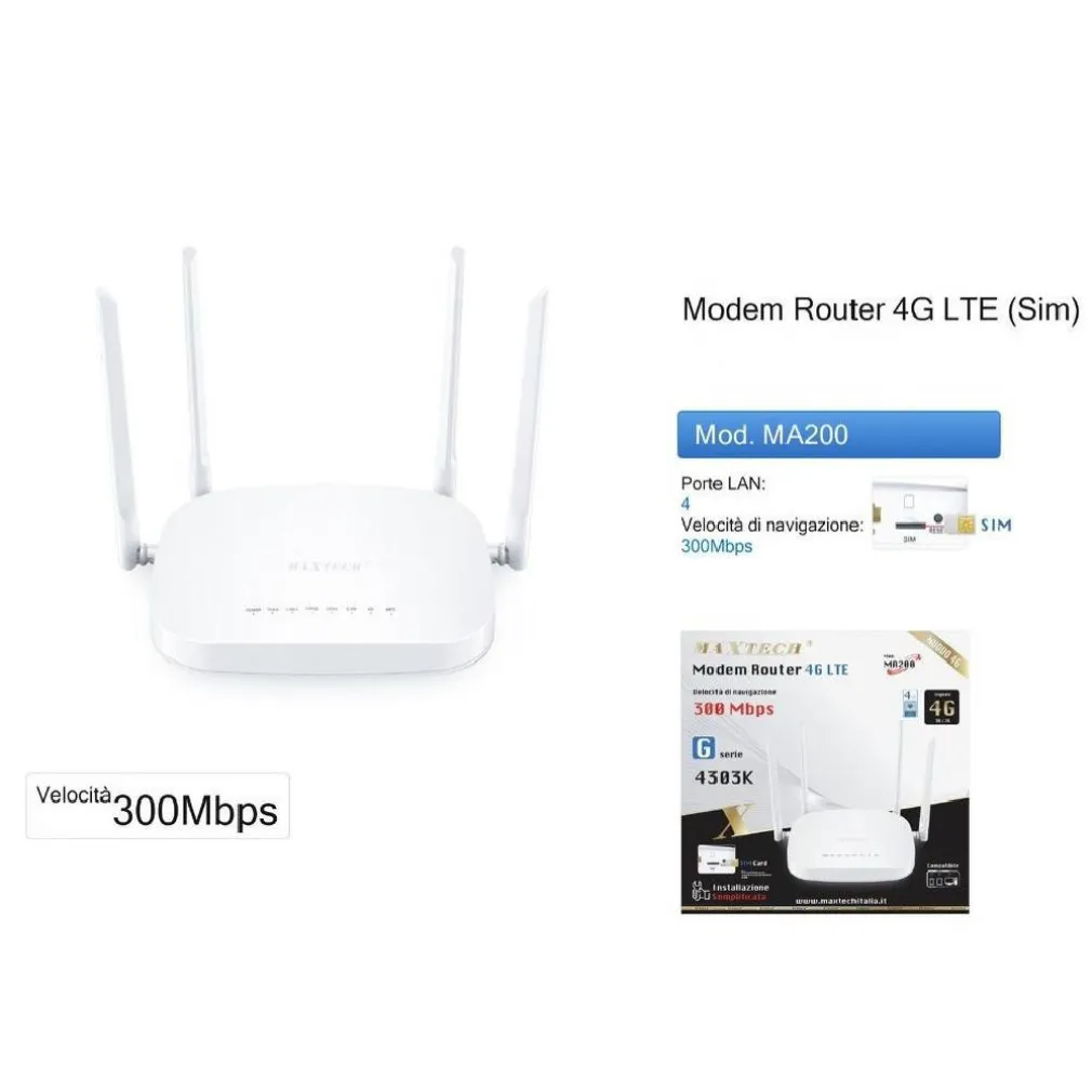 MODEM ROUTER 4G LTE 300MBPS AD ALTA VELOCITÀ SIM CARD 4 ANTENNE MAXTECH MA200