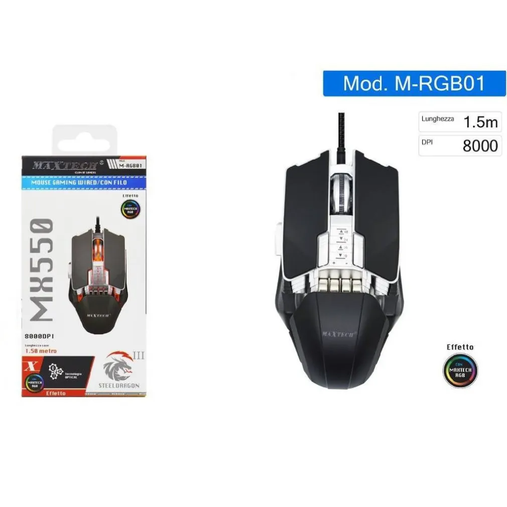 MOUSE GAMING CON CAVO LUCI RGB PULSANTI 8000 DPI PER LAPTOP PC NOTEBOOK M-RGB01