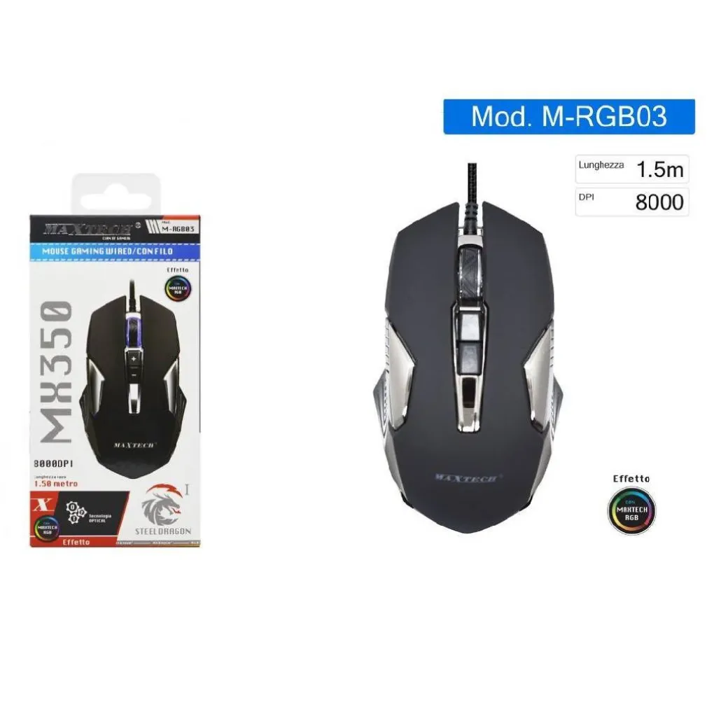 MOUSE GAMING RGB CON FILO USB LUMINOSO 8000 DPI PER NOTEBOOK LAPTOP PC M-RGB03