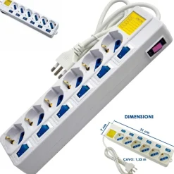 MULTIPRESA 6 POSTI SCHUKO BIPASS 10-16A CON 7 INTERRUTTORI PROTEZIONE BAMBINI