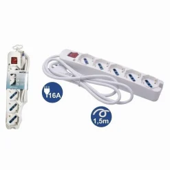 MULTIPRESA 5 USCITE UNIVERSALI SPINA 16A CAVO 1.5 MT INTERRUTTORE BIANCO 80180N
