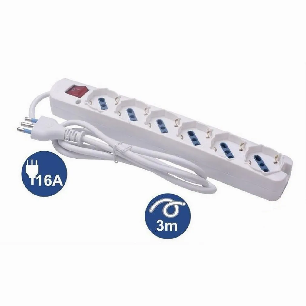 MULTIPRESA 6 USCITE UNIVERSALI SPINA 16A CAVO 3MT BIANCO CON INTERRUTTORE 80191N