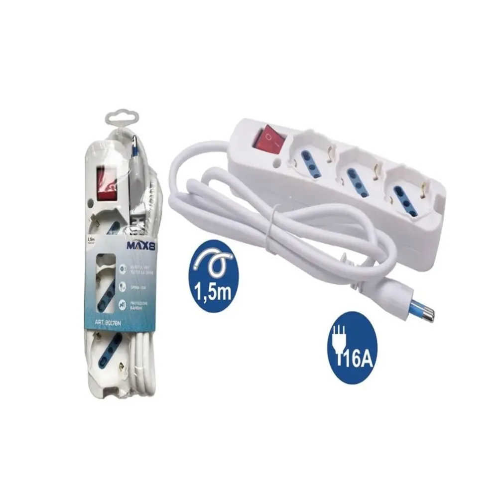 MULTIPRESA 3 USCITE UNIVERSALI INTERRUTTORE LUMINOSO SPINA 16A CAVO 1.5MT 80178N
