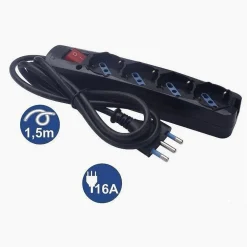 MULTIPRESA 4 USCITE UNIVERSALI SCHUKO SPINA 16A CAVO 1.5MT NERO INTERRUTORE 80097N