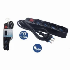 MULTIPRESA 4 USCITE UNIVERSALI SCHUKO SPINA 16A CAVO 1.5MT NERO INTERRUTORE 80097N