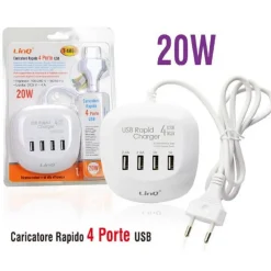 MULTIPRESA CARICATORE RICARICA RAPIDO 20W 4 PORTE USB T-4A04 CARICABATTERIE MULTIPORTA