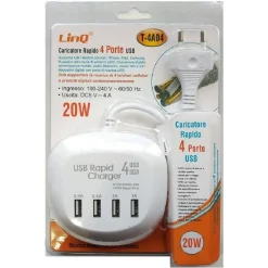 MULTIPRESA CARICATORE RICARICA RAPIDO 20W 4 PORTE USB T-4A04 CARICABATTERIE MULTIPORTA